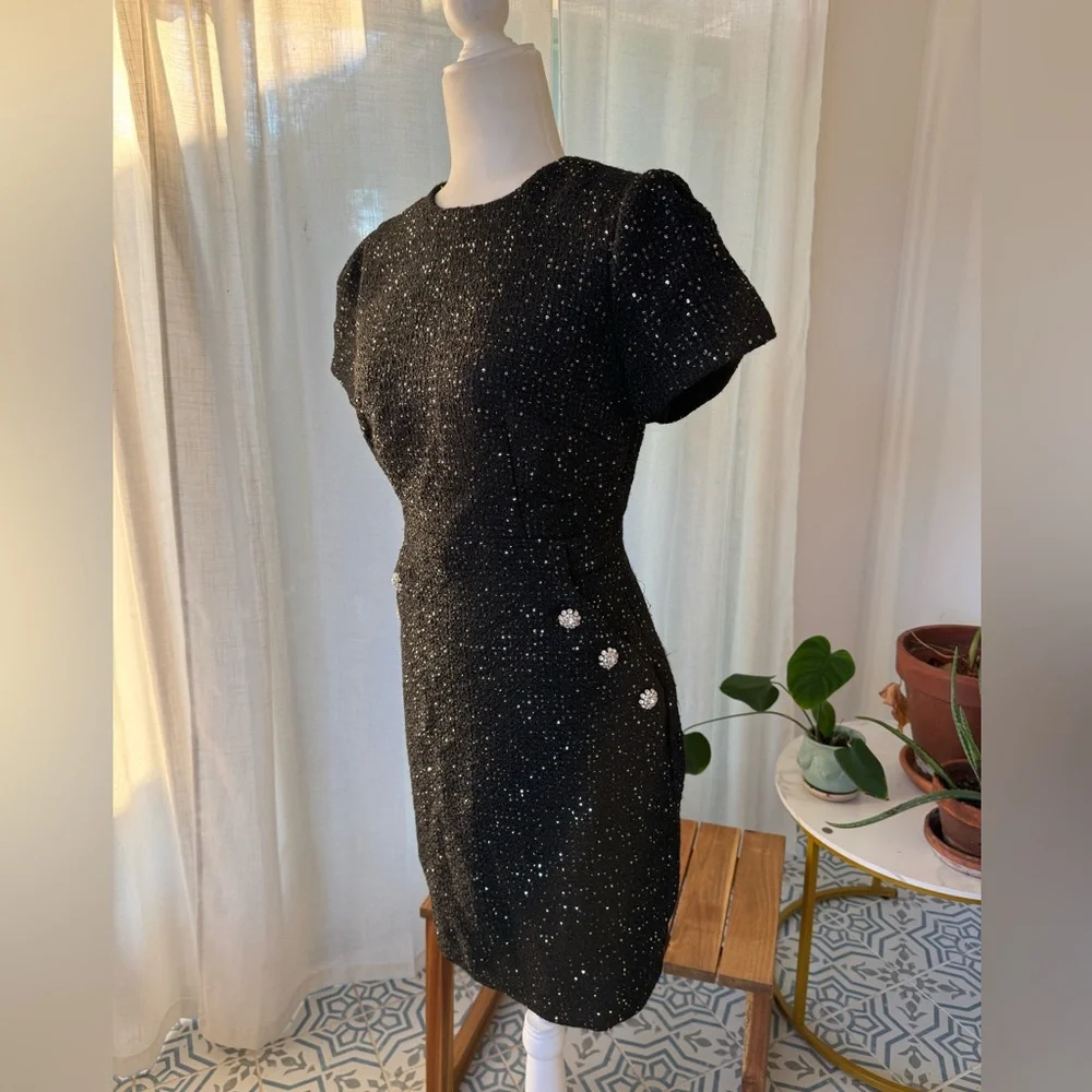 Ann Taylor Sparkle Sequin Tweed Sheath Dress Black Size 0 — Button Trim - Picture 3 of 9